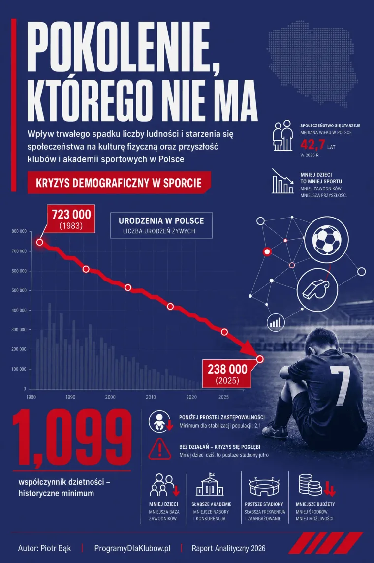 Okładka raportu „Pokolenie, którego nie ma” — wpływ kryzysu demograficznego na kluby i akademie sportowe w Polsce: spadek urodzeń z 723 000 w 1983 roku do 238 000 w 2025 i współczynnik dzietności 1,099